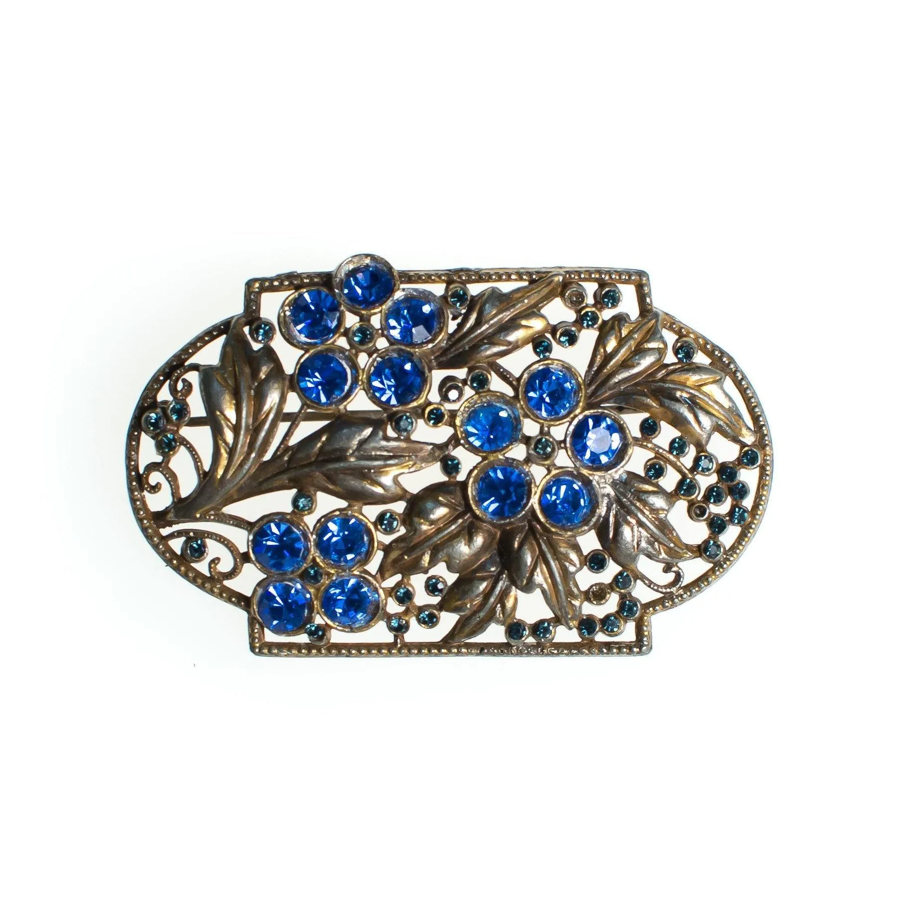 Vintage Czech Floral Brooch with Blue Rhinestones, Gold Tone Setting, Brooches and Pins