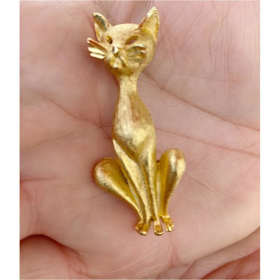Vintage Gold Tone Cool Siamese Cat Brooch BSK 1960s