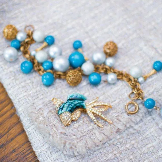Vintage Jumping Fish Pin Aqua and Gold with Rhinestones