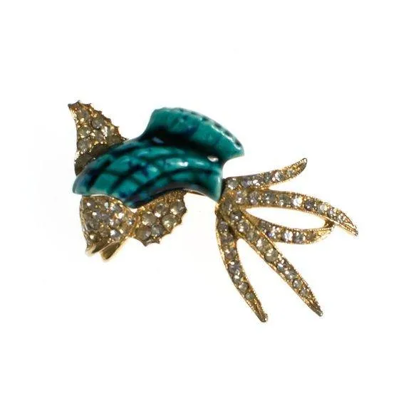 Vintage Jumping Fish Pin Aqua and Gold with Rhinestones
