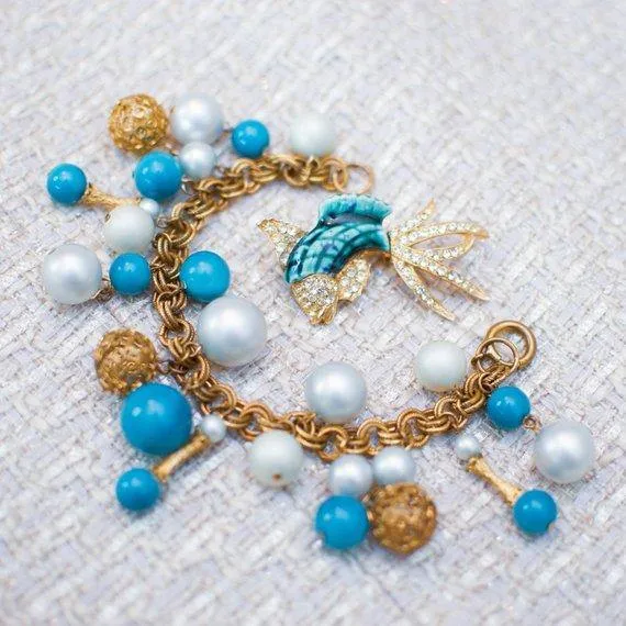 Vintage Jumping Fish Pin Aqua and Gold with Rhinestones