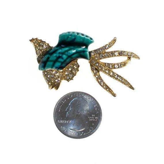 Vintage Jumping Fish Pin Aqua and Gold with Rhinestones