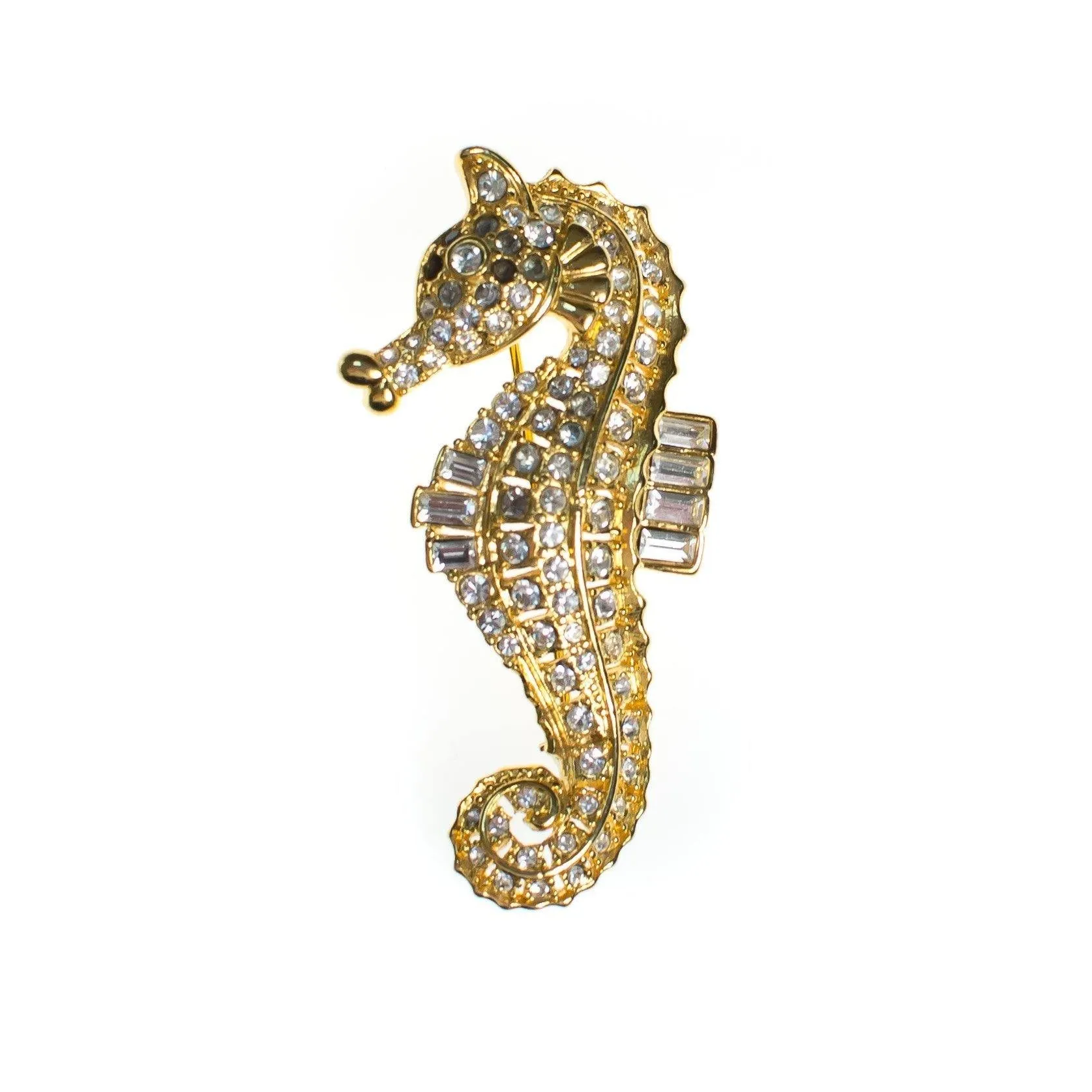 Vintage Nolan Miller Seahorse Brooch, Diamante Crystals, Gold Tone