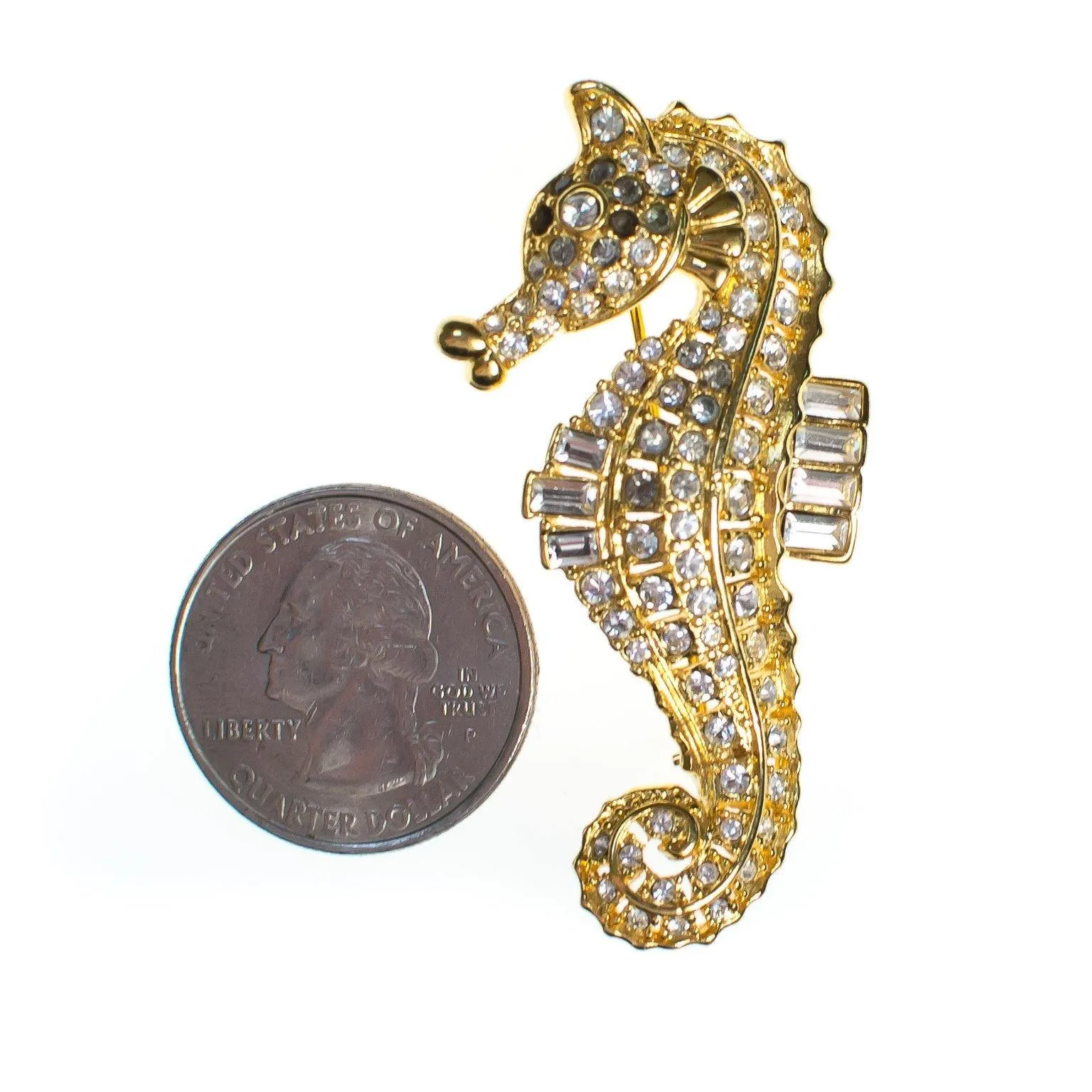 Vintage Nolan Miller Seahorse Brooch, Diamante Crystals, Gold Tone