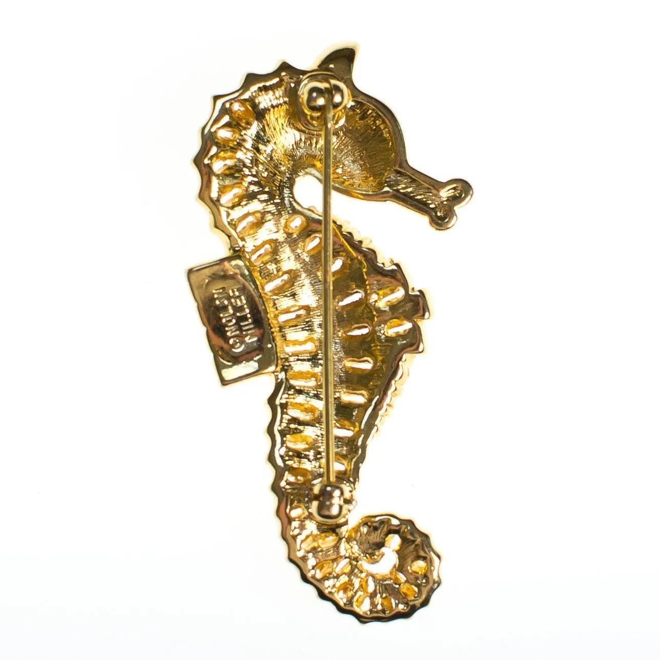 Vintage Nolan Miller Seahorse Brooch, Diamante Crystals, Gold Tone