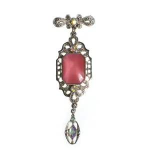 Vintage Victorian Revival Pink Dangling Charm Brooch in Silver Tone