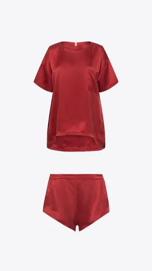 Washable Silk Tee Short Set - Crimson
