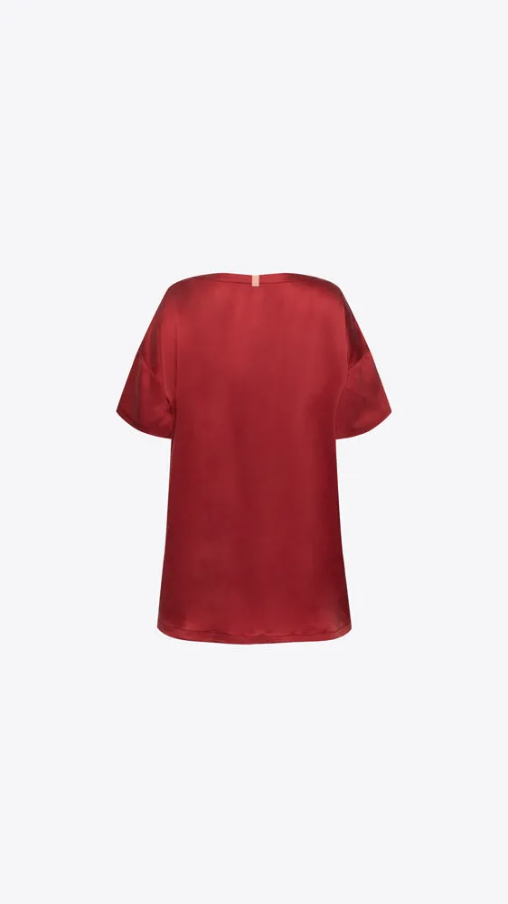 Washable Silk Tee Short Set - Crimson