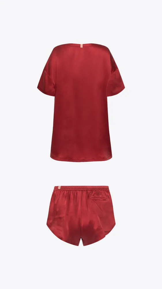 Washable Silk Tee Short Set - Crimson