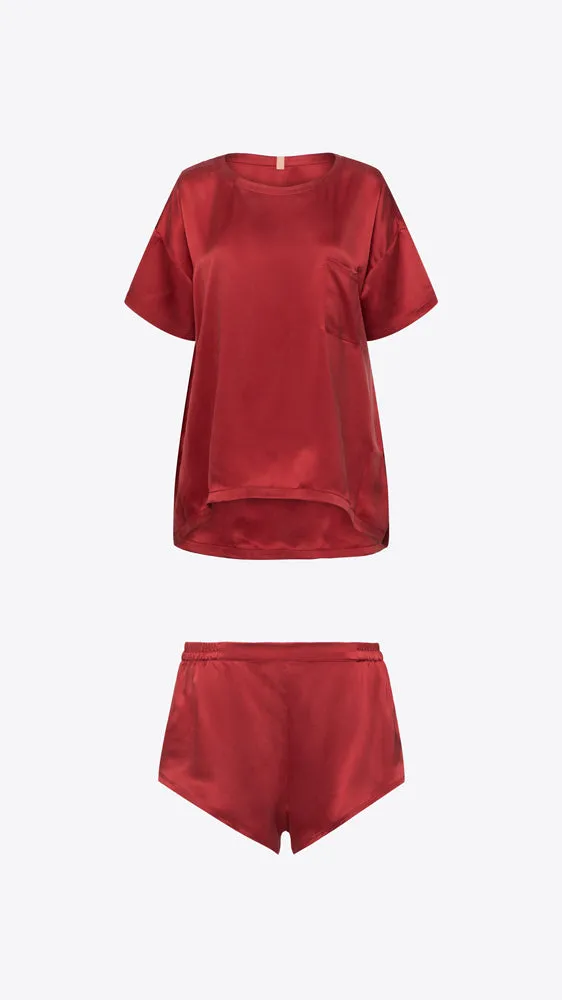 Washable Silk Tee Short Set - Crimson