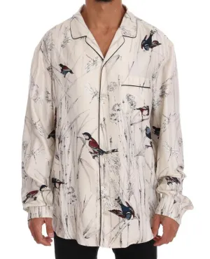White Bird Print Silk Pajama Shirt