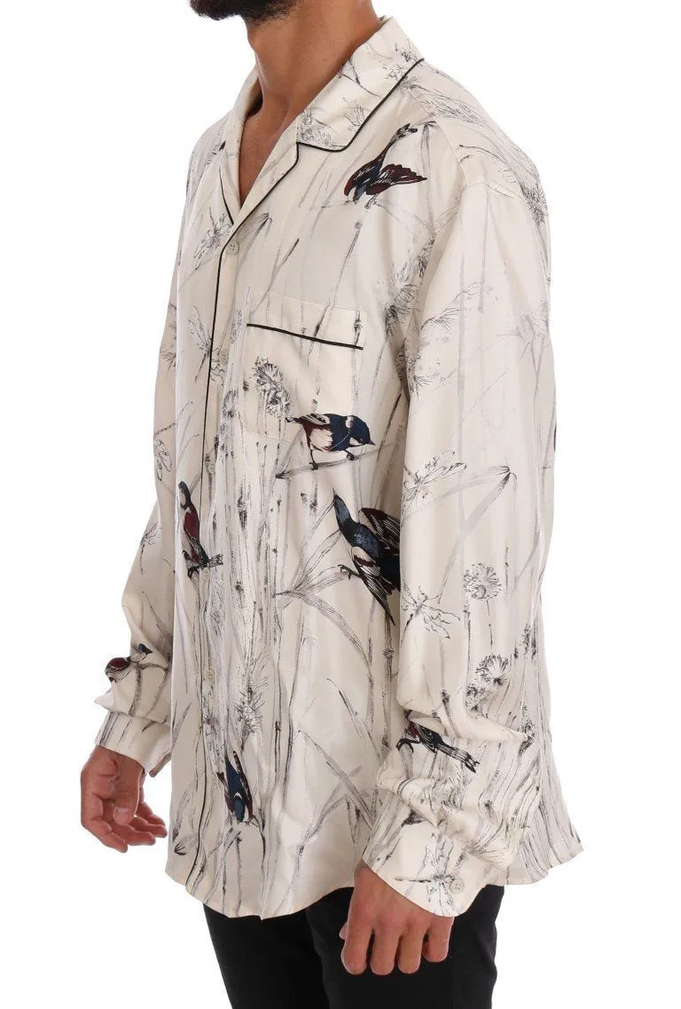 White Bird Print Silk Pajama Shirt