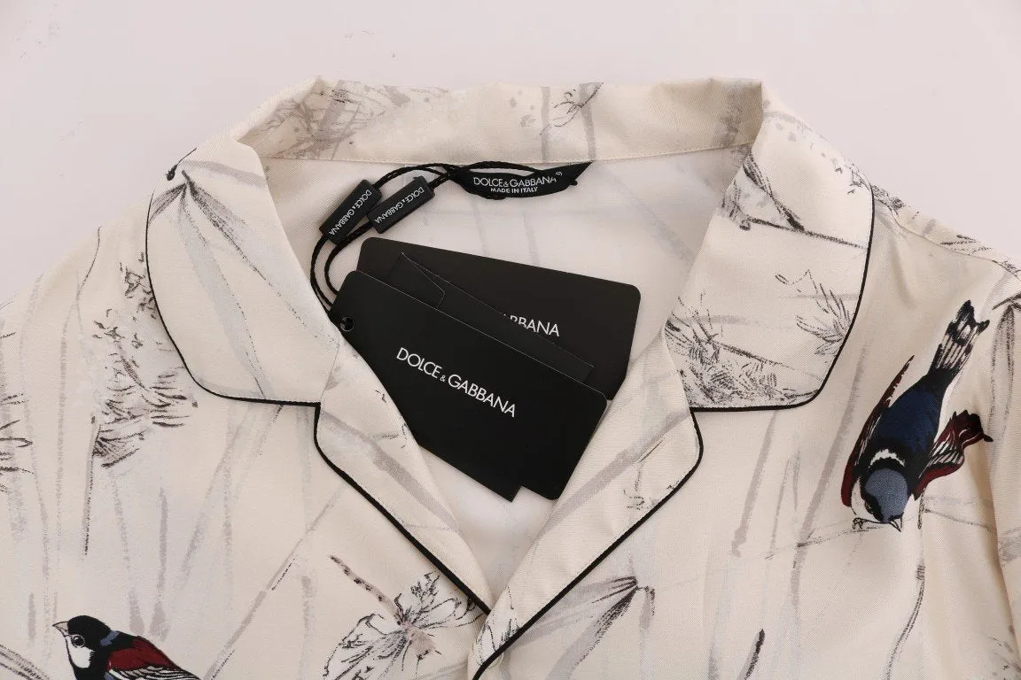 White Bird Print Silk Pajama Shirt