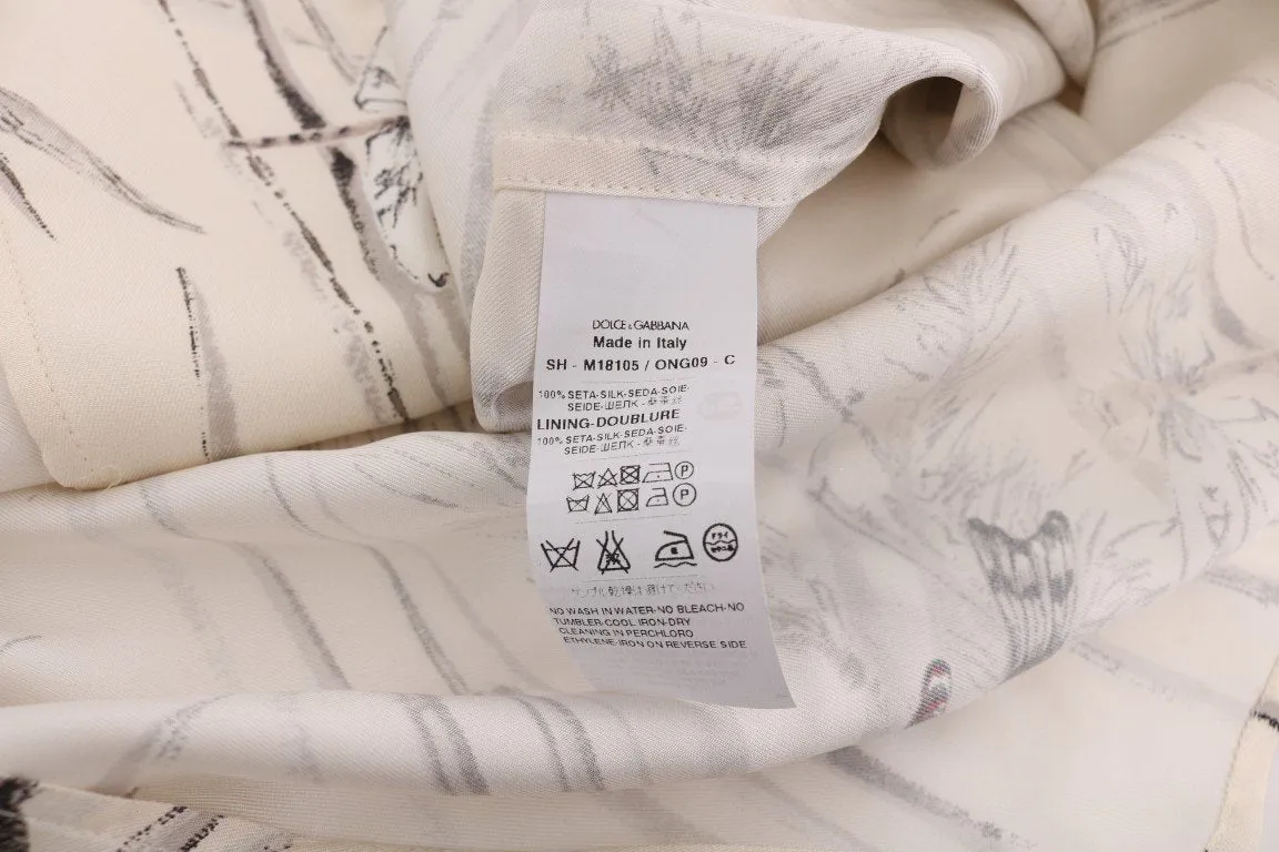 White Bird Print Silk Pajama Shirt