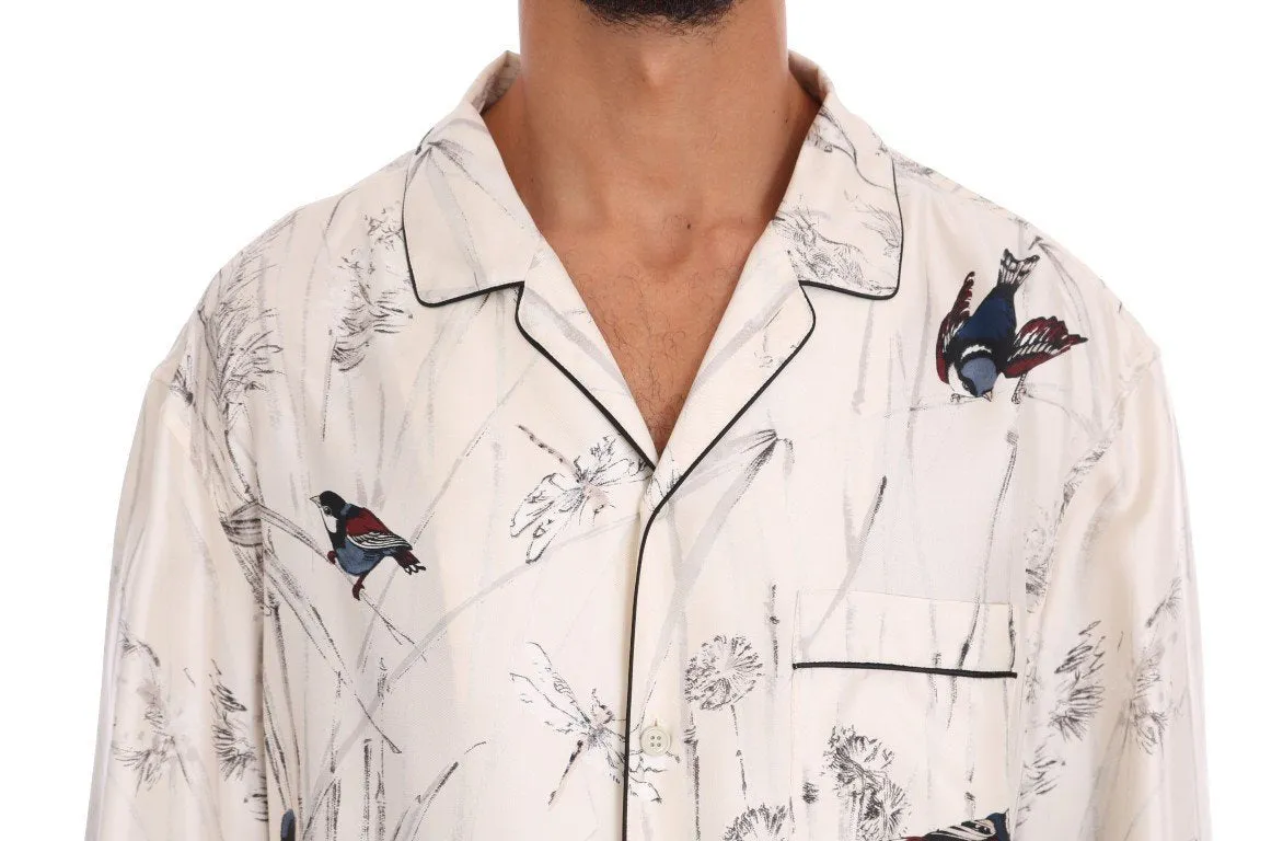 White Bird Print Silk Pajama Shirt
