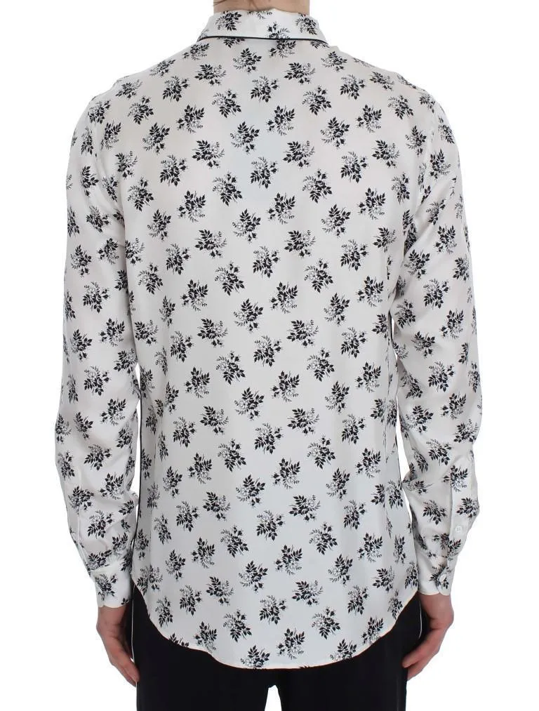 White Floral Print Silk Pajama Shirt