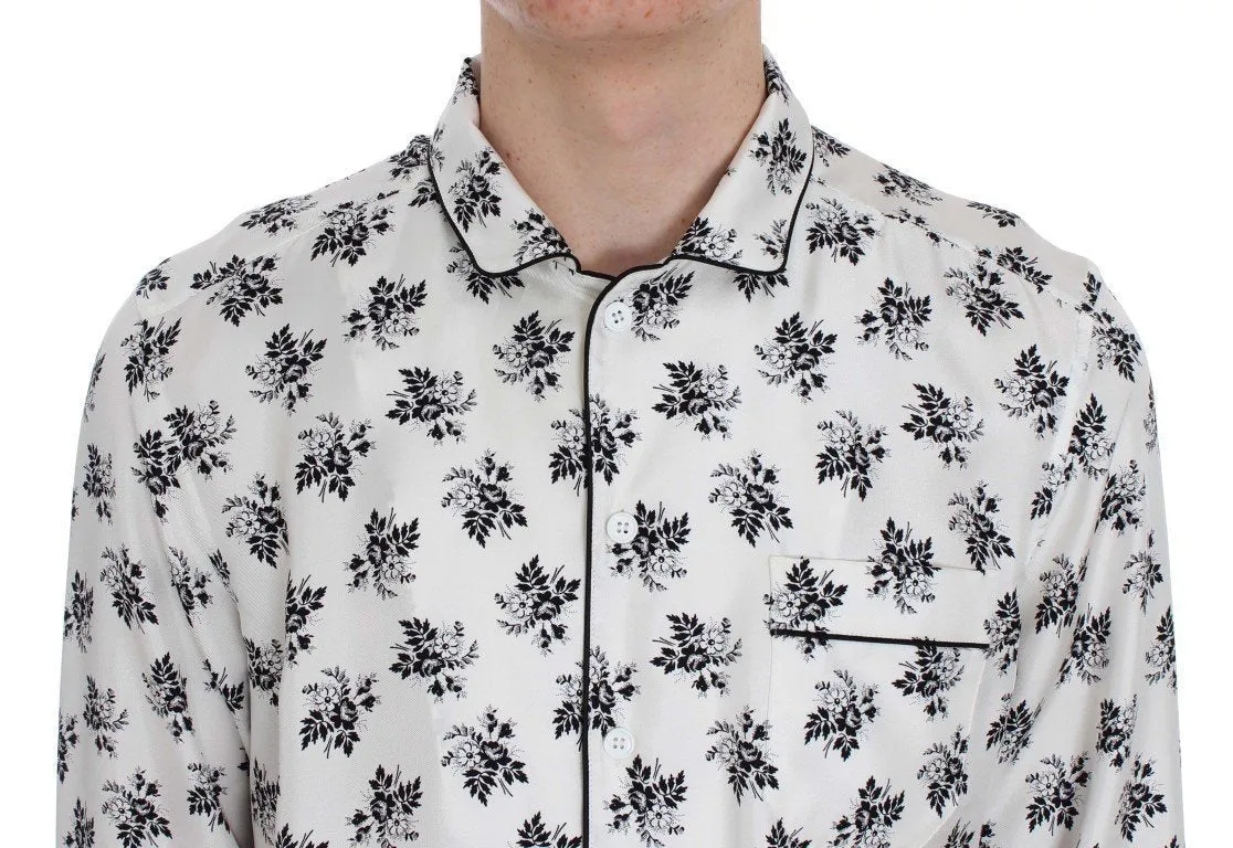 White Floral Print Silk Pajama Shirt