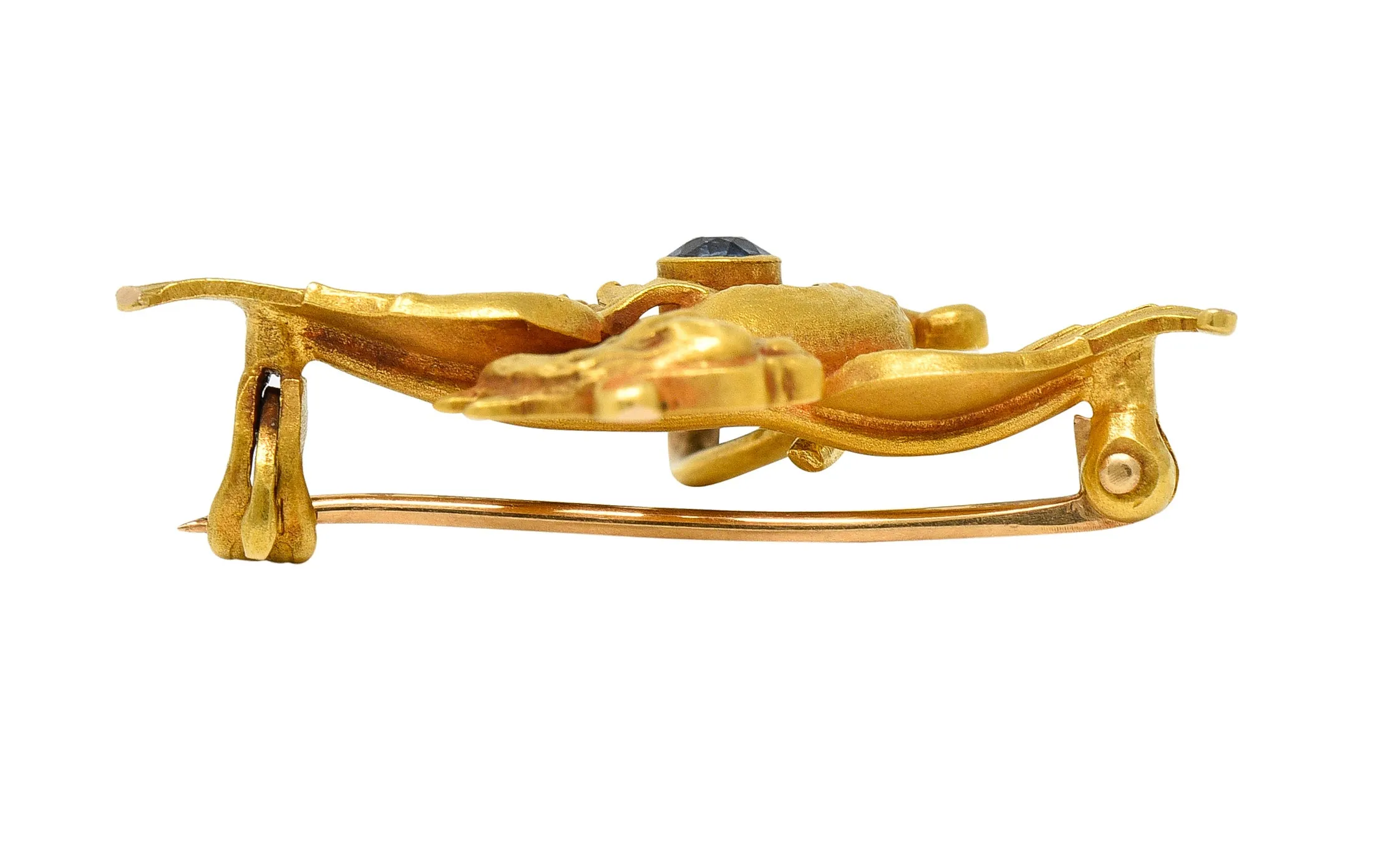 Whiteside Blank Art Nouveau Sapphire 14 Karat Yellow Gold Serpent Dragon Unisex Antique Brooch
