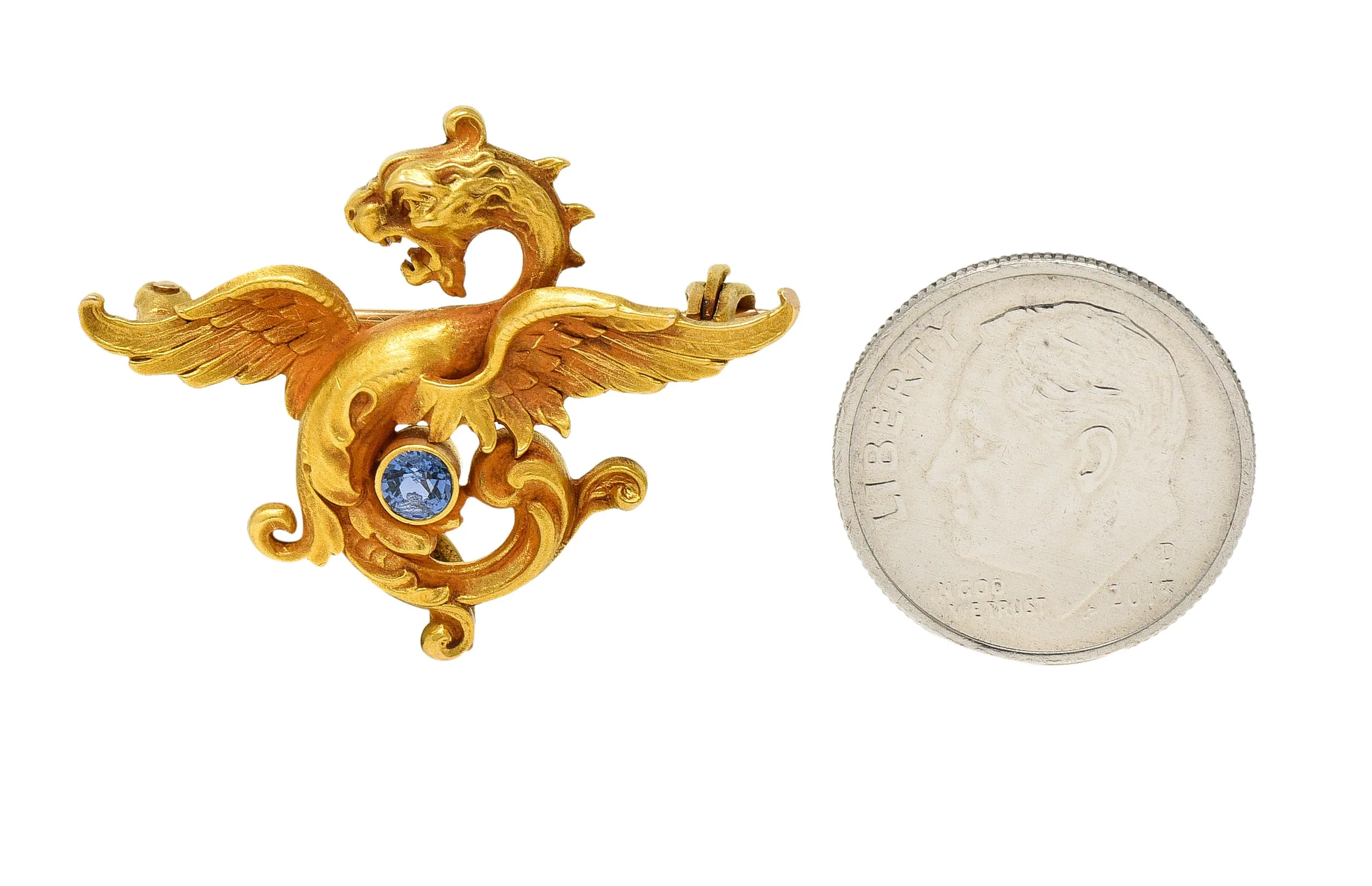 Whiteside Blank Art Nouveau Sapphire 14 Karat Yellow Gold Serpent Dragon Unisex Antique Brooch