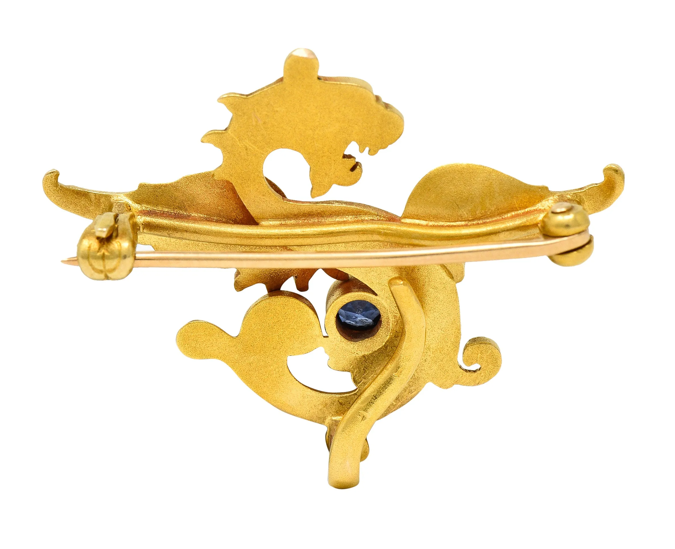 Whiteside Blank Art Nouveau Sapphire 14 Karat Yellow Gold Serpent Dragon Unisex Antique Brooch