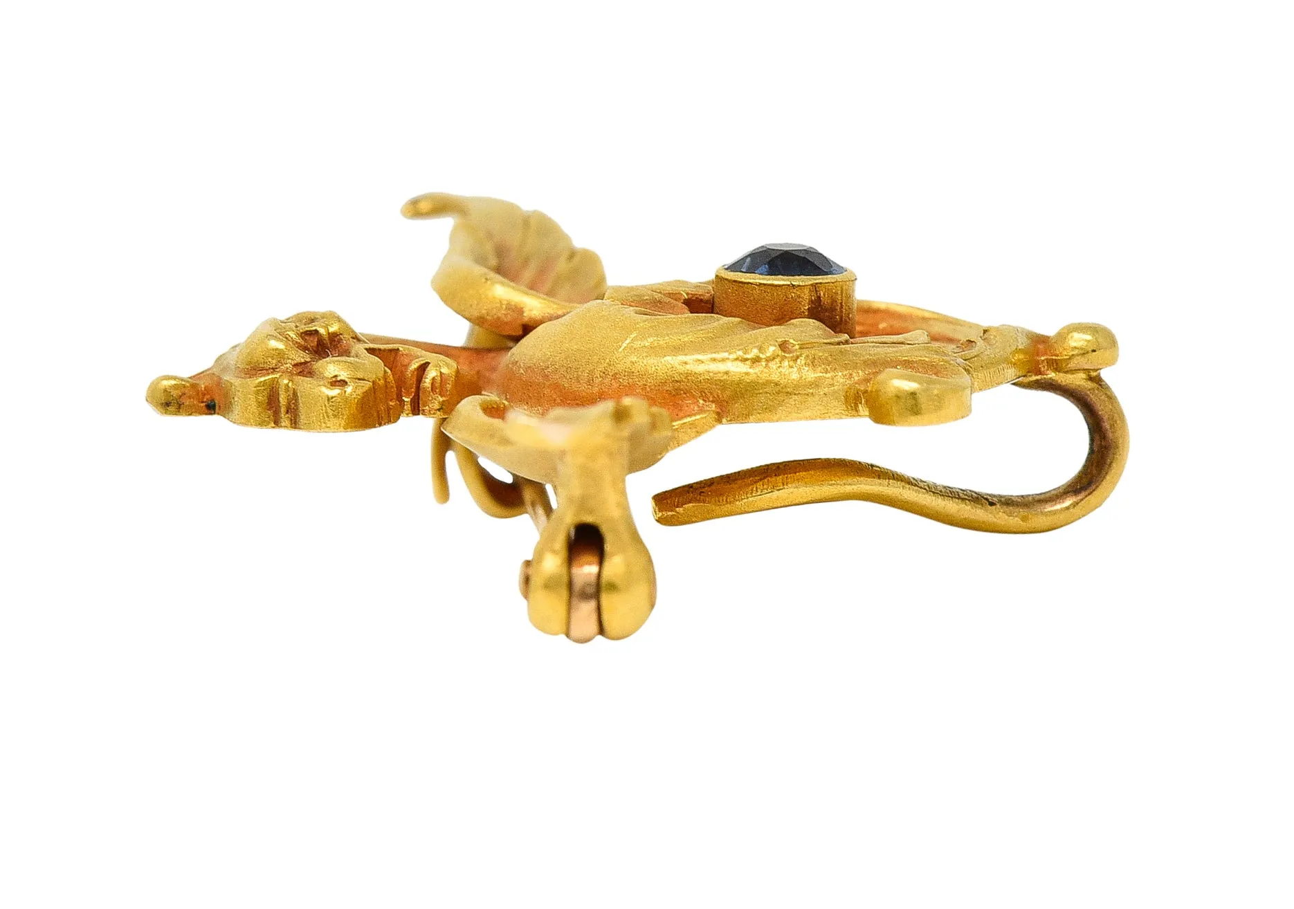 Whiteside Blank Art Nouveau Sapphire 14 Karat Yellow Gold Serpent Dragon Unisex Antique Brooch