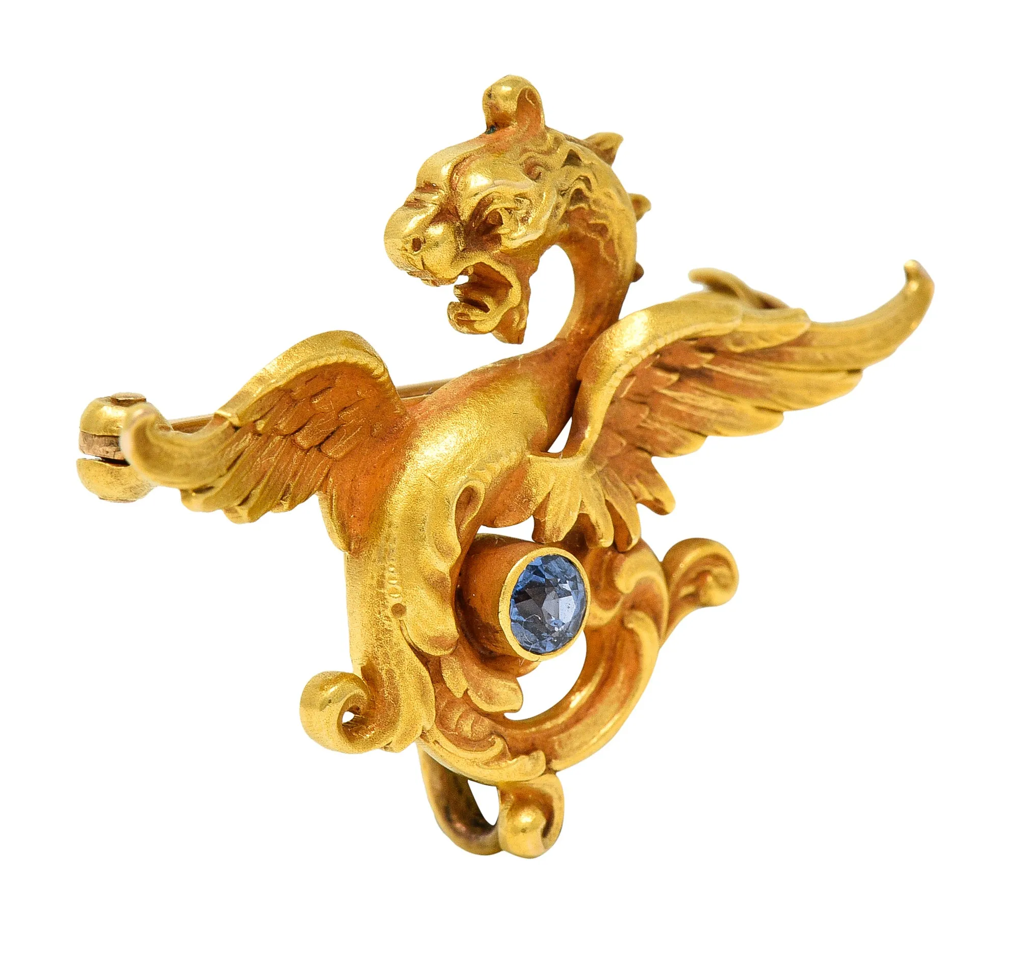 Whiteside Blank Art Nouveau Sapphire 14 Karat Yellow Gold Serpent Dragon Unisex Antique Brooch