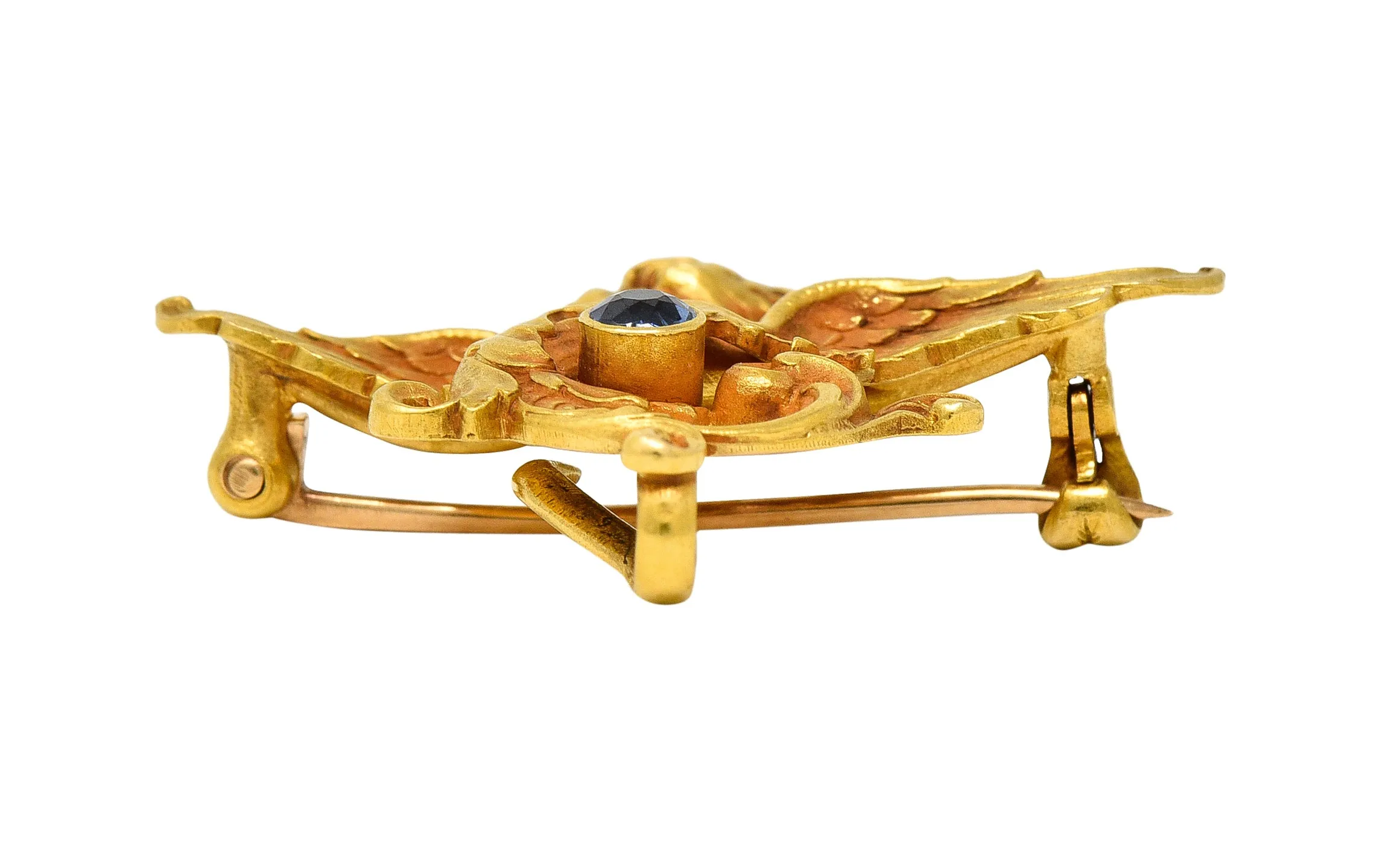 Whiteside Blank Art Nouveau Sapphire 14 Karat Yellow Gold Serpent Dragon Unisex Antique Brooch