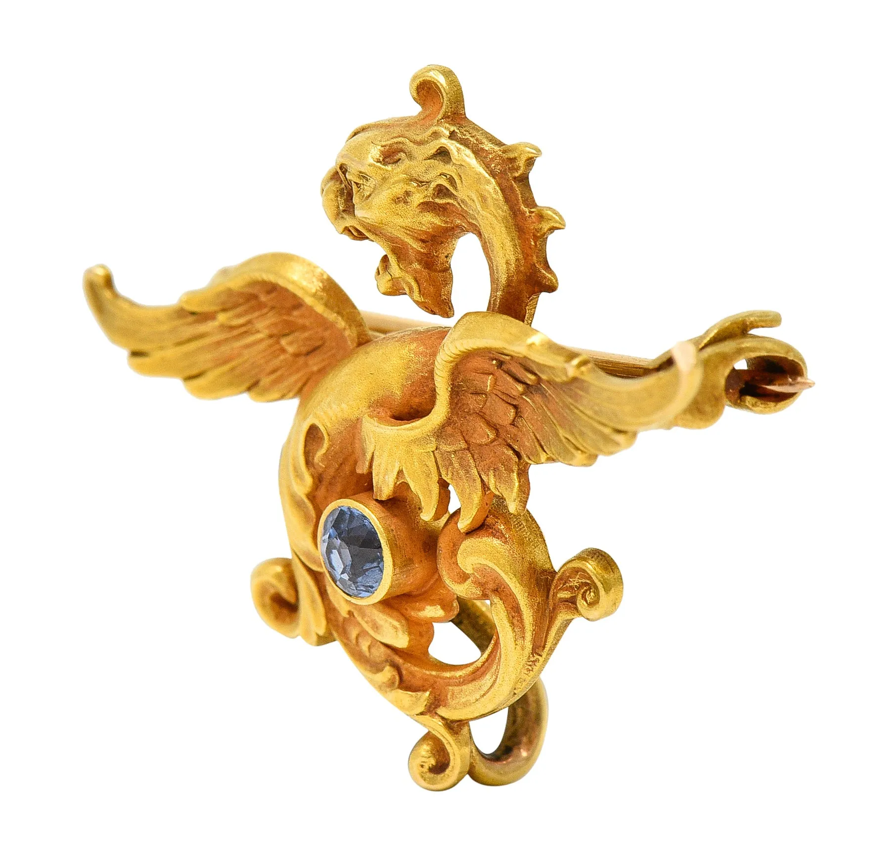 Whiteside Blank Art Nouveau Sapphire 14 Karat Yellow Gold Serpent Dragon Unisex Antique Brooch