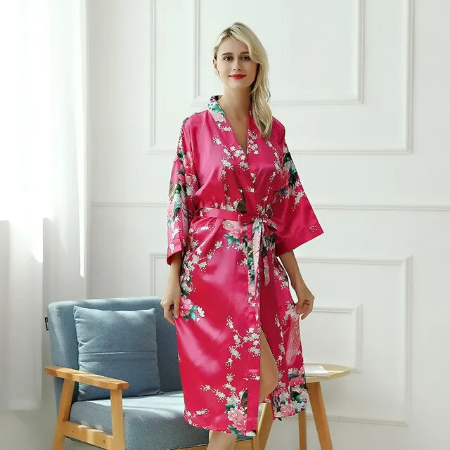 Women Robe Print Flower Peacock Kimono Bathrobe Gown Sleepwear