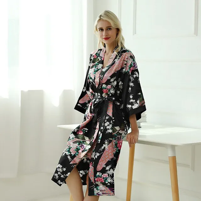 Women Robe Print Flower Peacock Kimono Bathrobe Gown Sleepwear