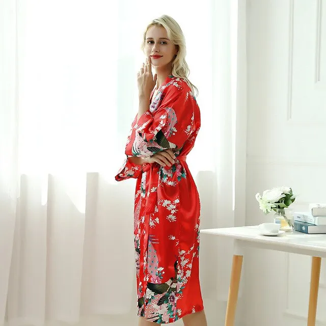 Women Robe Print Flower Peacock Kimono Bathrobe Gown Sleepwear