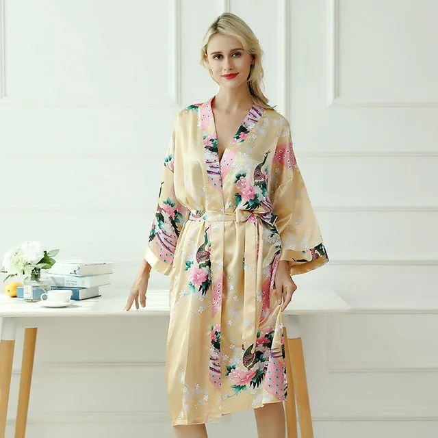 Women Robe Print Flower Peacock Kimono Bathrobe Gown Sleepwear