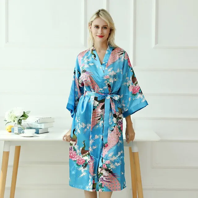 Women Robe Print Flower Peacock Kimono Bathrobe Gown Sleepwear