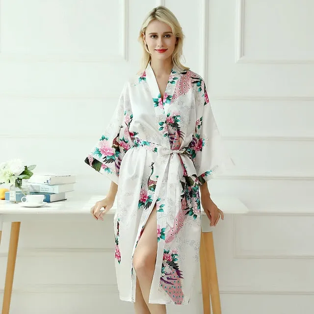 Women Robe Print Flower Peacock Kimono Bathrobe Gown Sleepwear
