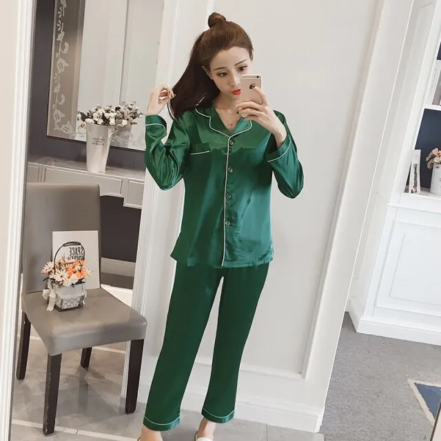 Women Silk Pajama Sets Satin Pyjama Sleepwear Long Sleeve Large Size Fashion Pajamas for girl Nightwear Suit Home New 2021 PJS