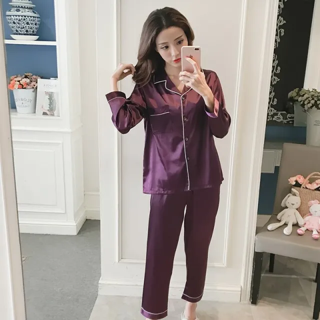 Women Silk Pajama Sets Satin Pyjama Sleepwear Long Sleeve Large Size Fashion Pajamas for girl Nightwear Suit Home New 2021 PJS
