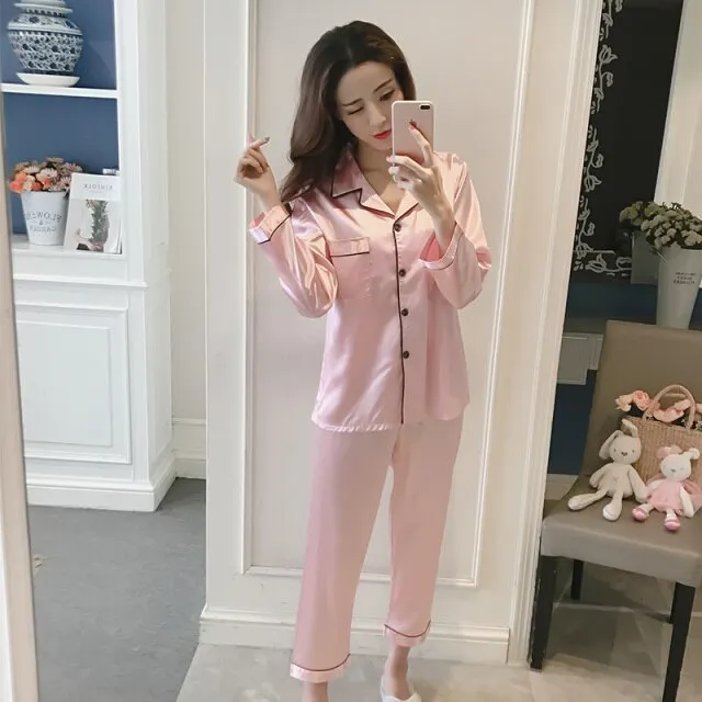 Women Silk Pajama Sets Satin Pyjama Sleepwear Long Sleeve Large Size Fashion Pajamas for girl Nightwear Suit Home New 2021 PJS