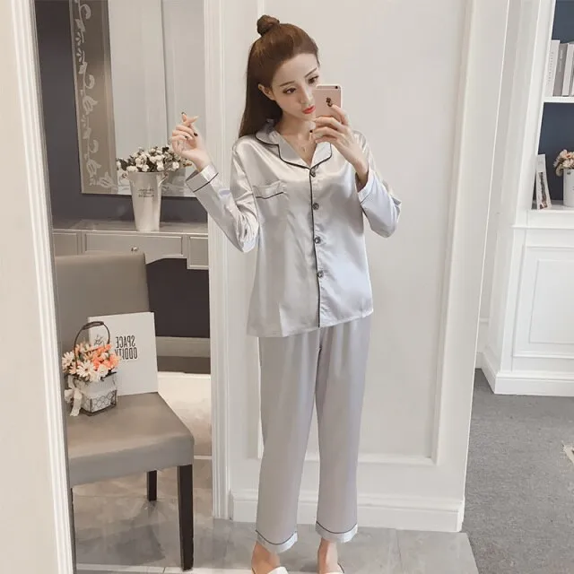 Women Silk Pajama Sets Satin Pyjama Sleepwear Long Sleeve Large Size Fashion Pajamas for girl Nightwear Suit Home New 2021 PJS