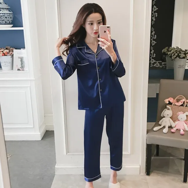 Women Silk Pajama Sets Satin Pyjama Sleepwear Long Sleeve Large Size Fashion Pajamas for girl Nightwear Suit Home New 2021 PJS