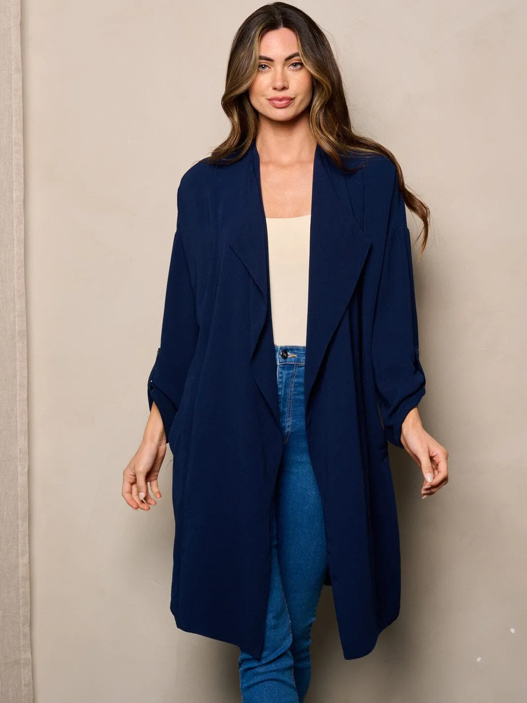 WOMEN'S 3/4 SLEEVE OPEN FRONT POCKETS CARDIGAN