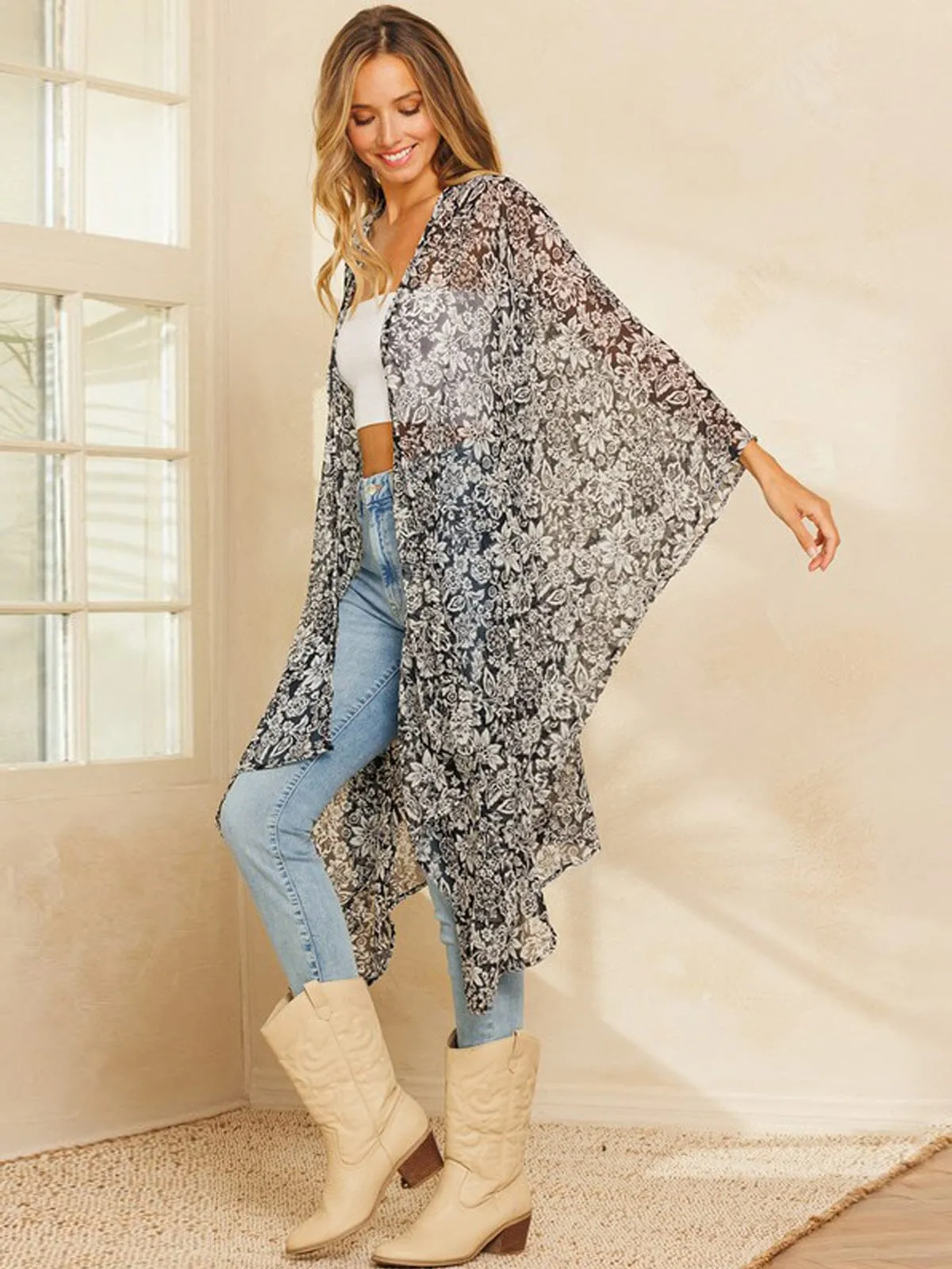 WOMEN'S DRAPE SLEEVE OPEN FRONT FLORAL CARDIGAN