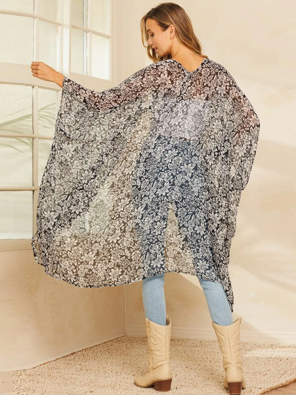 WOMEN'S DRAPE SLEEVE OPEN FRONT FLORAL CARDIGAN