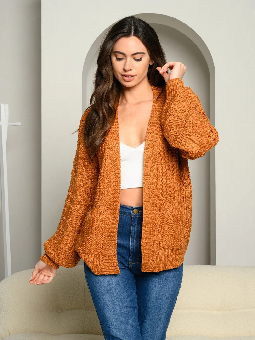 WOMEN'S FRONT POCKETS OPEN CARDIGAN