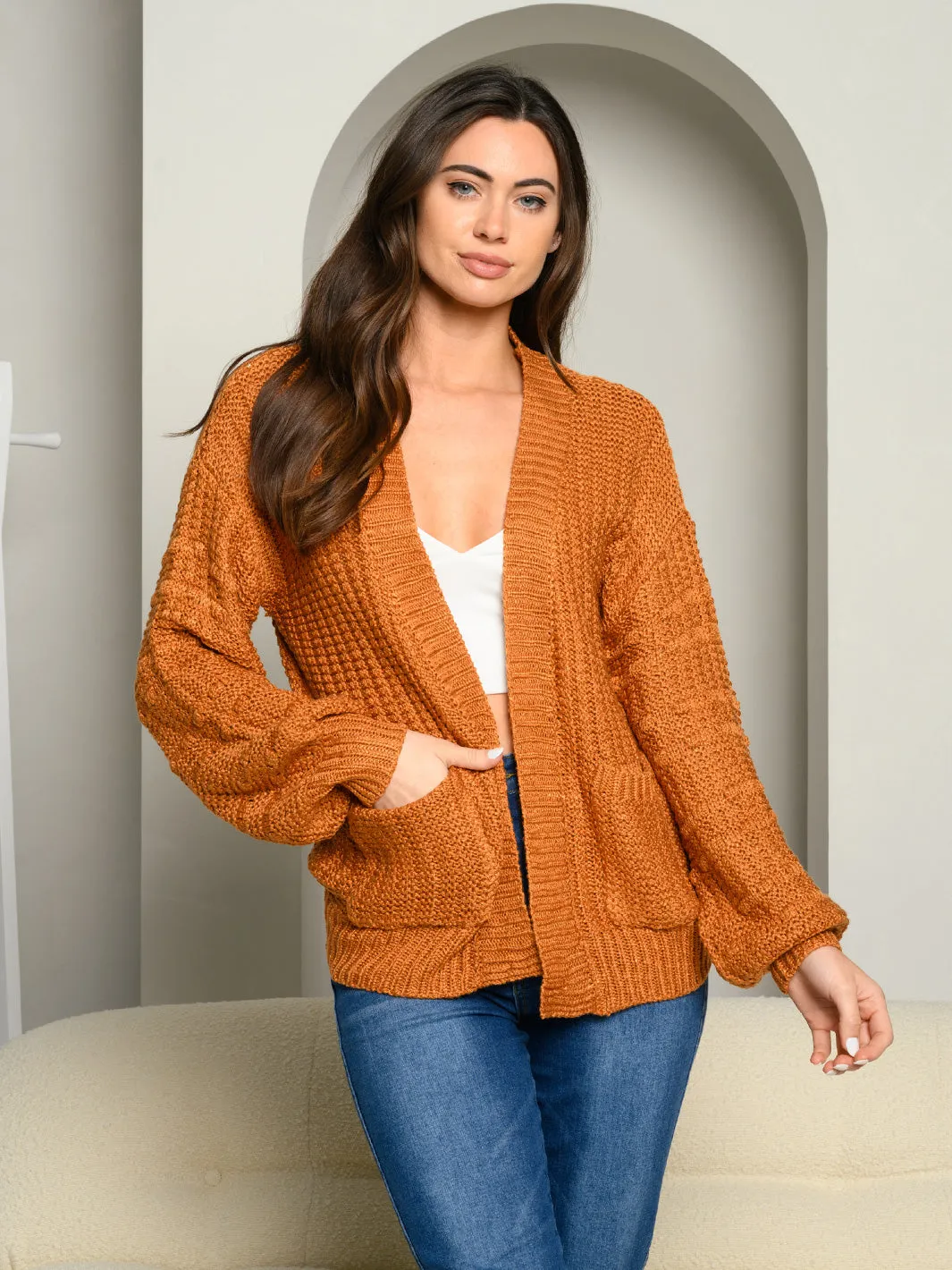 WOMEN'S FRONT POCKETS OPEN CARDIGAN