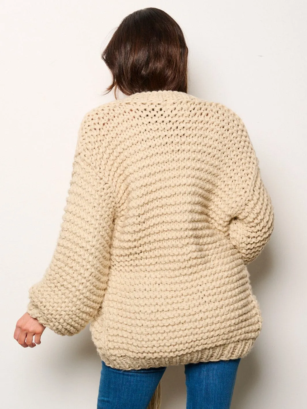 WOMEN'S LONG PUFF SLEEVE OPEN FRONT SELF TIE OVERSIZED CARDIGAN