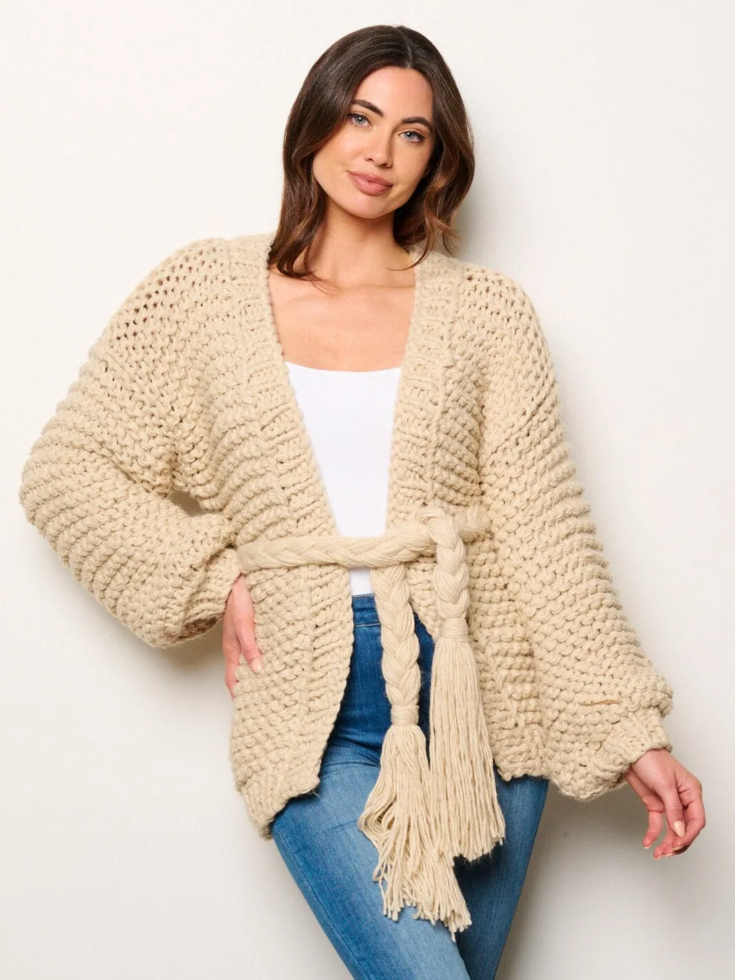 WOMEN'S LONG PUFF SLEEVE OPEN FRONT SELF TIE OVERSIZED CARDIGAN