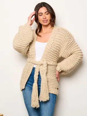 WOMEN'S LONG PUFF SLEEVE OPEN FRONT SELF TIE OVERSIZED CARDIGAN