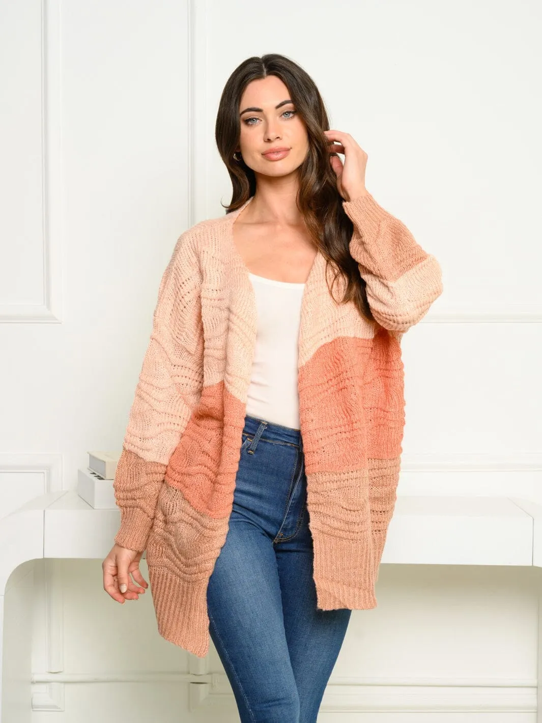 WOMEN'S LONG SLEEVE COLORBLOCK OPEN FRONT CARDIGAN