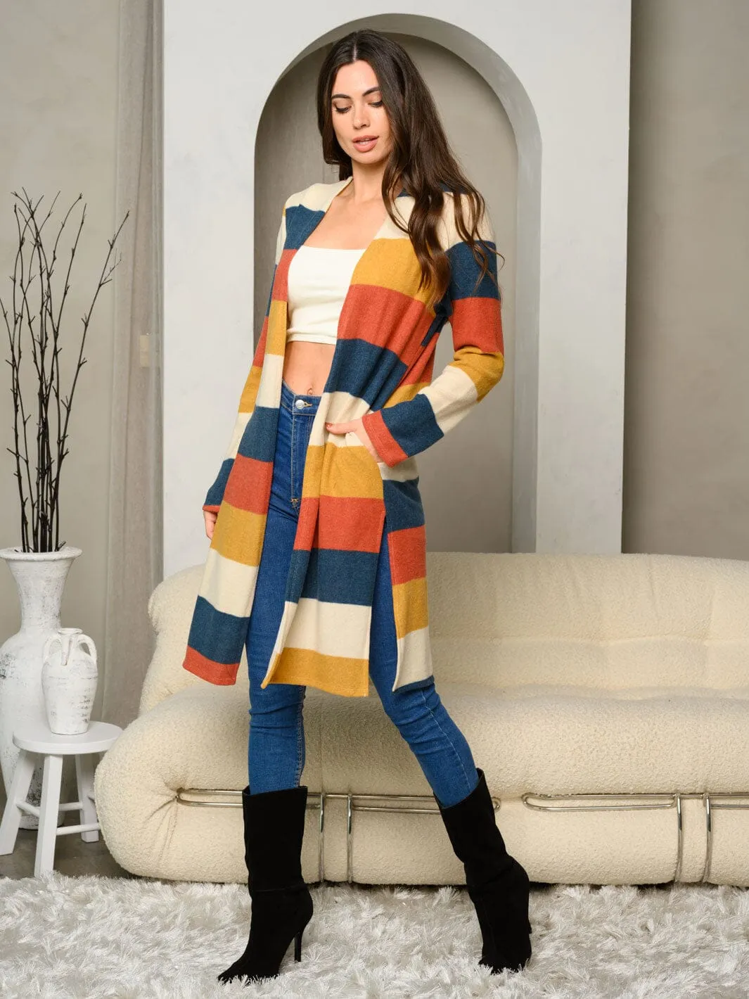 WOMEN'S LONG SLEEVE COLORBLOCK OPEN FRONT CARDIGAN