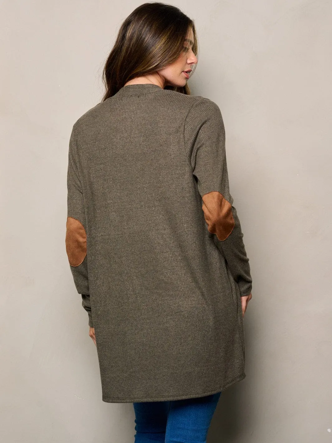 WOMEN'S LONG SLEEVE ELBOW PATCHED OPEN FRONT CARDIGAN